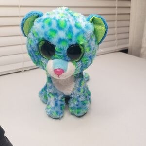 2016 TySilk Leona The Leopard Green,Blue & White Plush Animal Cat EUC